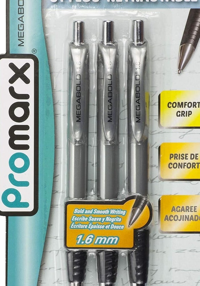 Promarx Megabold Retractable Ballpoint Pens with Comfort Grip, 1.6 mm, Black - 3 Count - Image 1